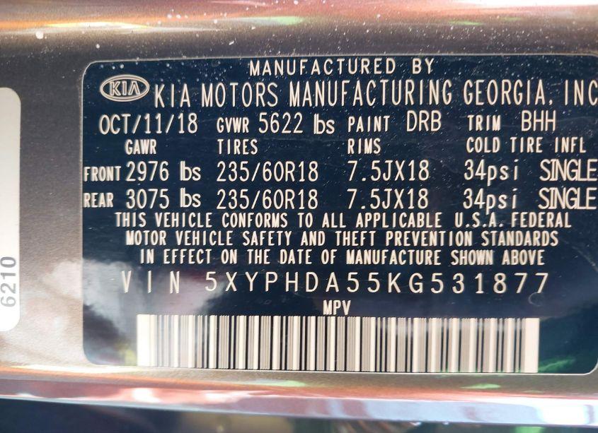 Photo 9 of 2019 Kia Sorento 3.3L EX (VIN 5XYPHDA55KG531877)