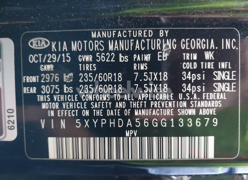 Photo 9 of 2016 Kia Sorento 3.3L EX (VIN 5XYPHDA56GG133679)