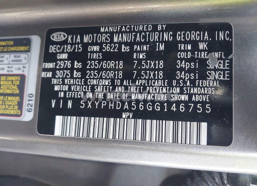 Photo 9 of 2016 Kia Sorento 3.3L EX (VIN 5XYPHDA56GG146755)