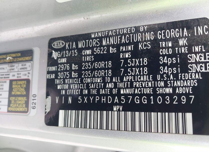 Photo 9 of 2016 Kia Sorento 3.3L EX (VIN 5XYPHDA57GG103297)