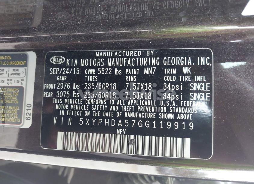 Photo 9 of 2016 Kia Sorento 3.3L EX (VIN 5XYPHDA57GG119919)