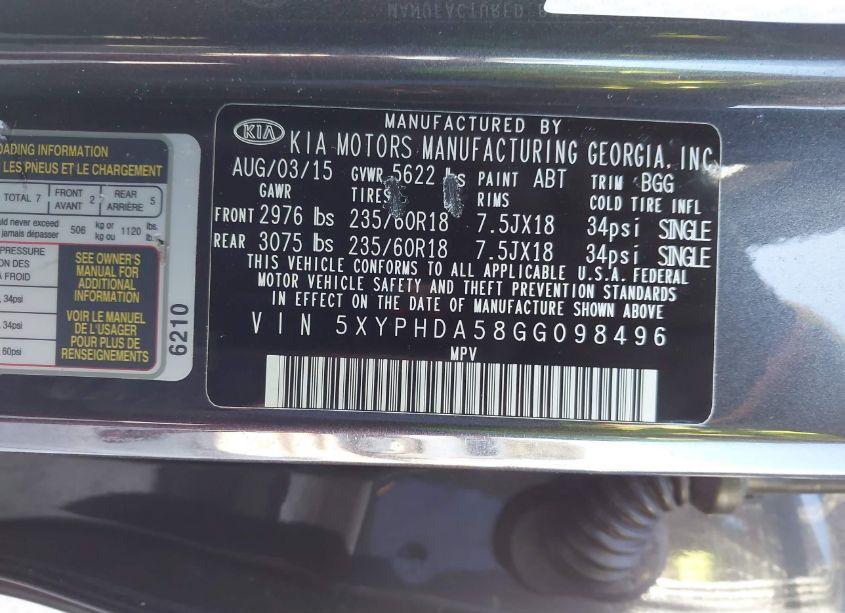 Photo 9 of 2016 Kia Sorento 3.3L EX (VIN 5XYPHDA58GG098496)