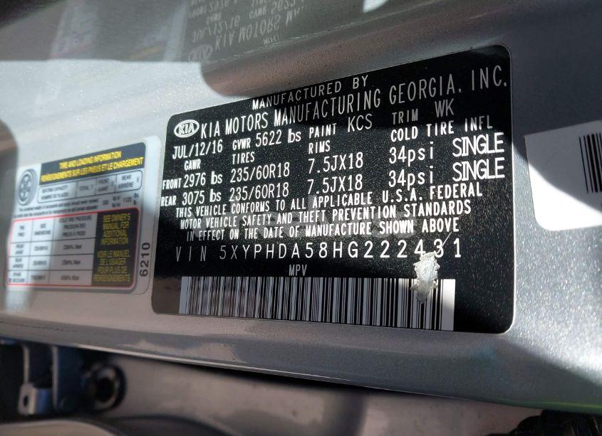 Photo 9 of 2017 Kia Sorento 3.3L EX (VIN 5XYPHDA58HG222431)