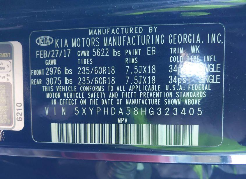 Photo 9 of 2017 Kia Sorento 3.3L EX (VIN 5XYPHDA58HG323405)