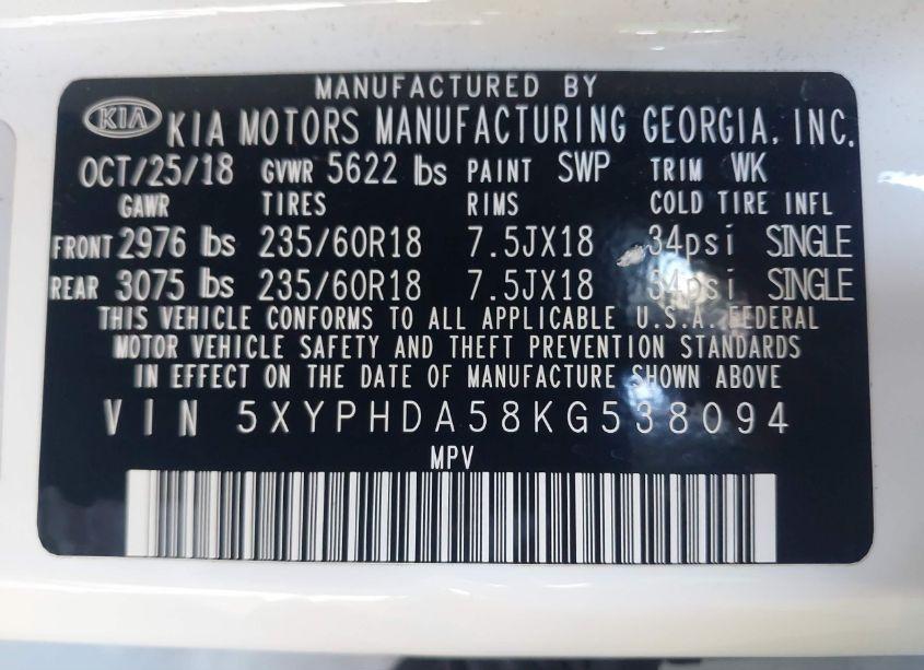 Photo 9 of 2019 Kia Sorento 3.3L EX (VIN 5XYPHDA58KG538094)