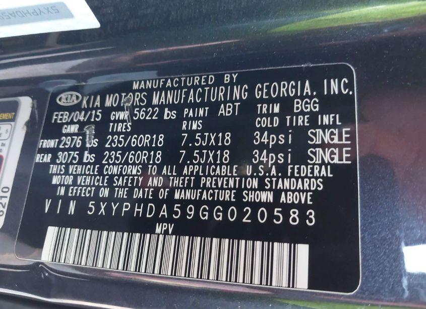 Photo 9 of 2016 Kia Sorento 3.3L EX (VIN 5XYPHDA59GG020583)