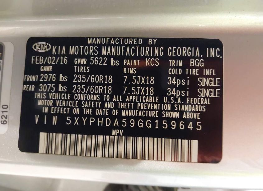 Photo 9 of 2016 Kia Sorento 3.3L EX (VIN 5XYPHDA59GG159645)