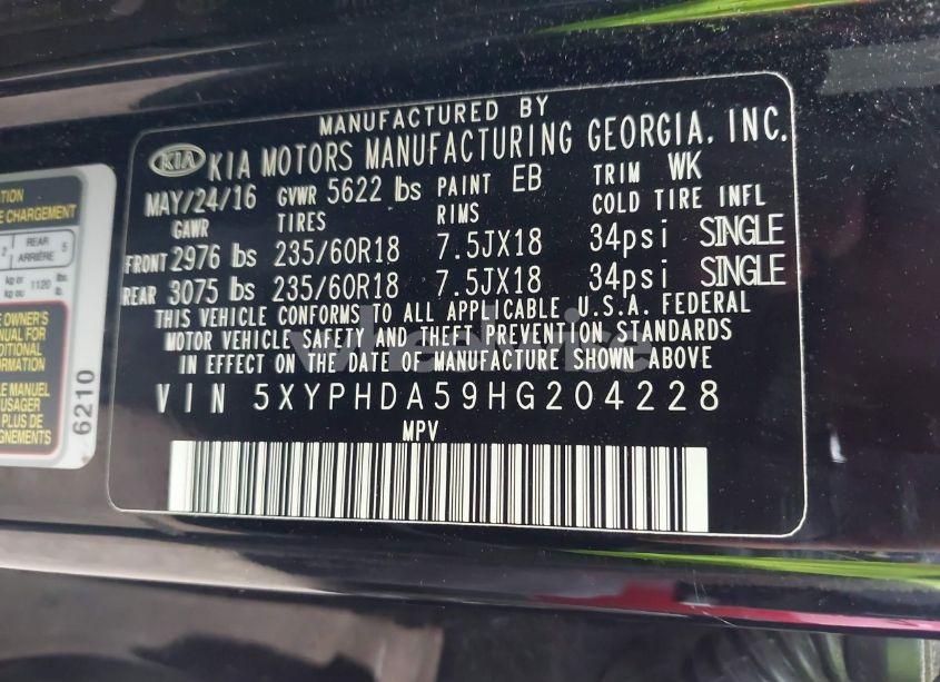 Photo 9 of 2017 Kia Sorento 3.3L EX (VIN 5XYPHDA59HG204228)