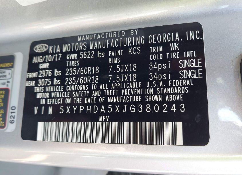 Photo 9 of 2018 Kia Sorento 3.3L EX (VIN 5XYPHDA5XJG380243)