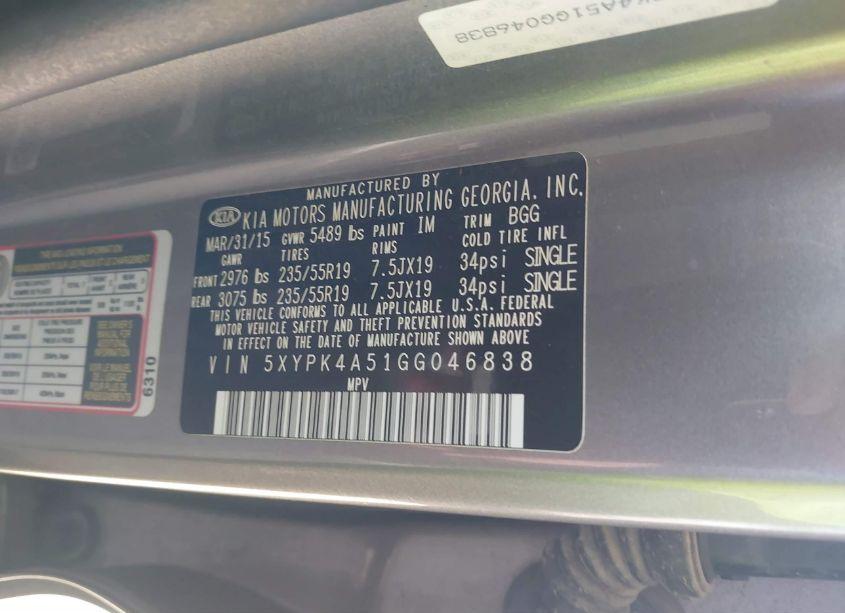 Photo 9 of 2016 Kia Sorento 3.3L SX (VIN 5XYPK4A51GG046838)