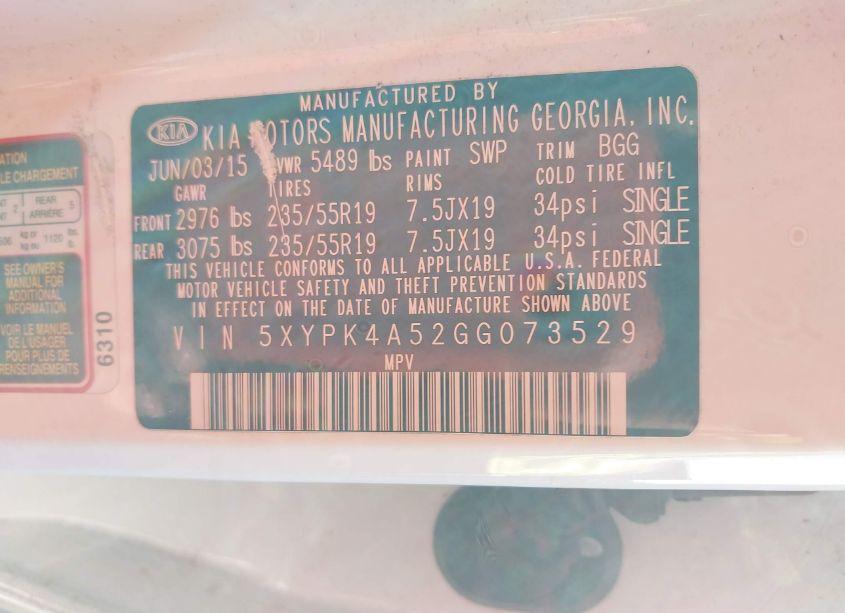 Photo 9 of 2016 Kia Sorento 3.3L SX (VIN 5XYPK4A52GG073529)