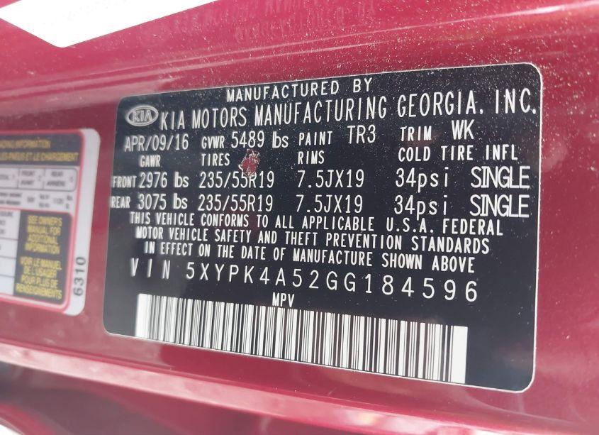 Photo 9 of 2016 Kia Sorento 3.3L SX (VIN 5XYPK4A52GG184596)