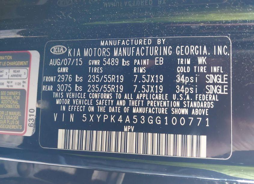 Photo 9 of 2016 Kia Sorento 3.3L SX (VIN 5XYPK4A53GG100771)