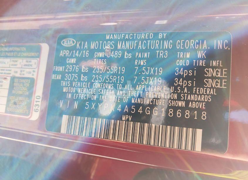 Photo 9 of 2016 Kia Sorento 3.3L SX (VIN 5XYPK4A54GG186818)