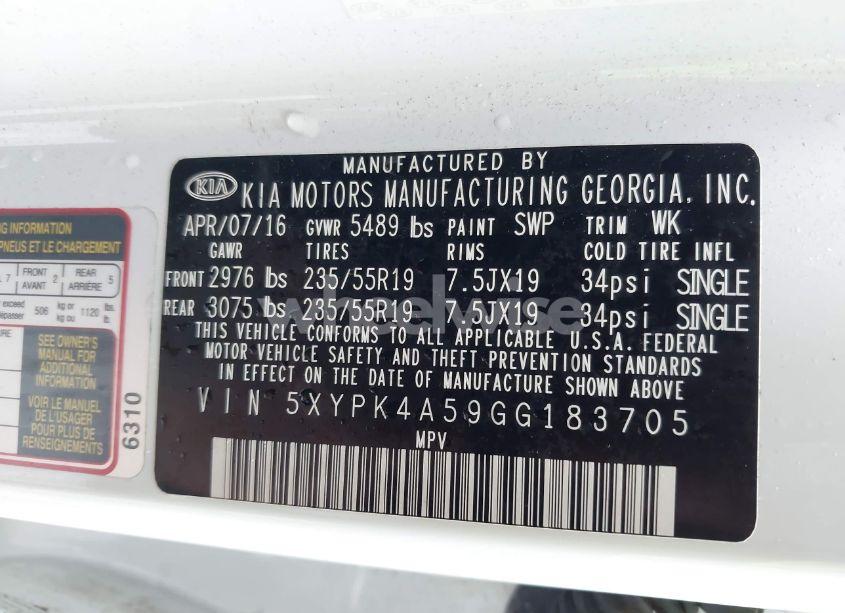 Photo 9 of 2016 Kia Sorento 3.3L SX (VIN 5XYPK4A59GG183705)