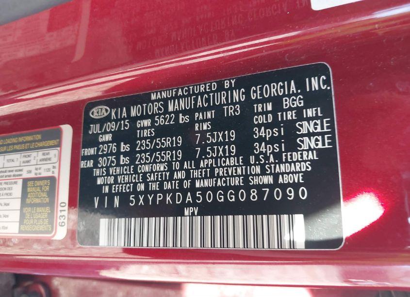 Photo 9 of 2016 Kia Sorento 3.3L SX (VIN 5XYPKDA50GG087090)