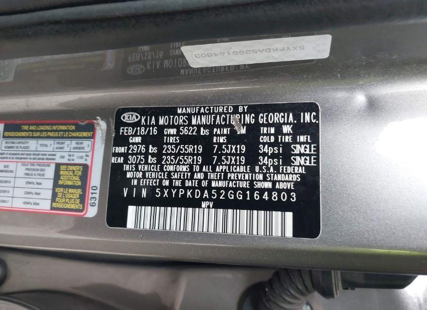 Photo 9 of 2016 Kia Sorento 3.3L SX (VIN 5XYPKDA52GG164803)