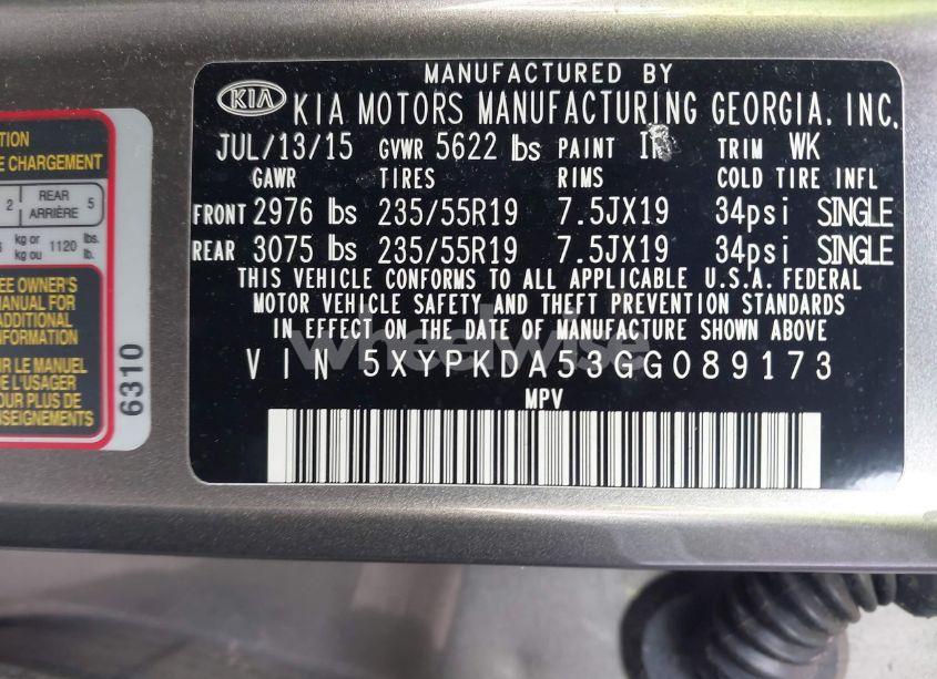 Photo 9 of 2016 Kia Sorento 3.3L SXL (VIN 5XYPKDA53GG089173)