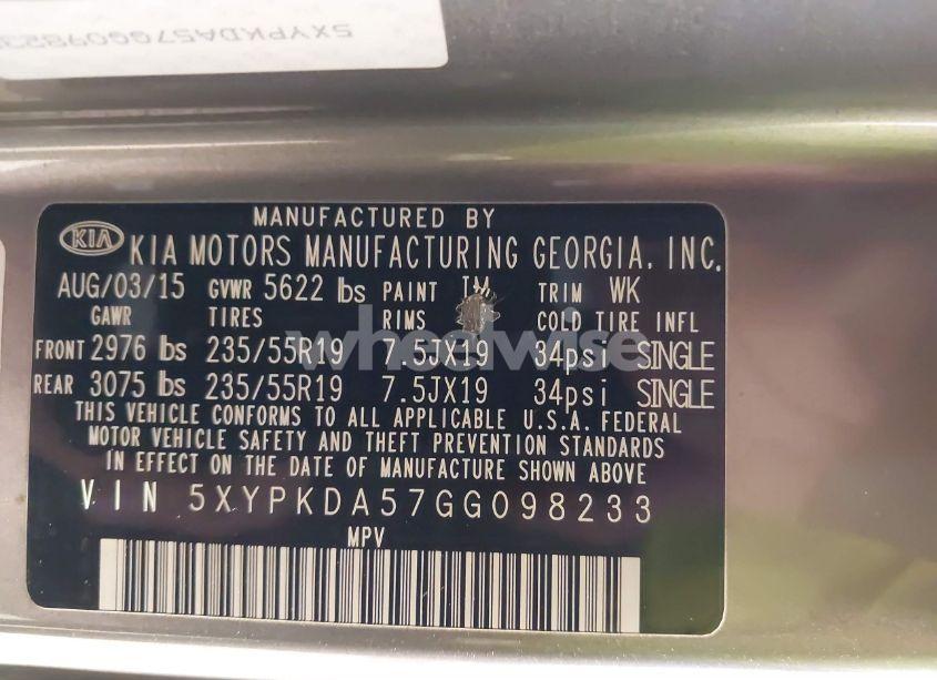 Photo 9 of 2016 Kia Sorento 3.3L SXL (VIN 5XYPKDA57GG098233)