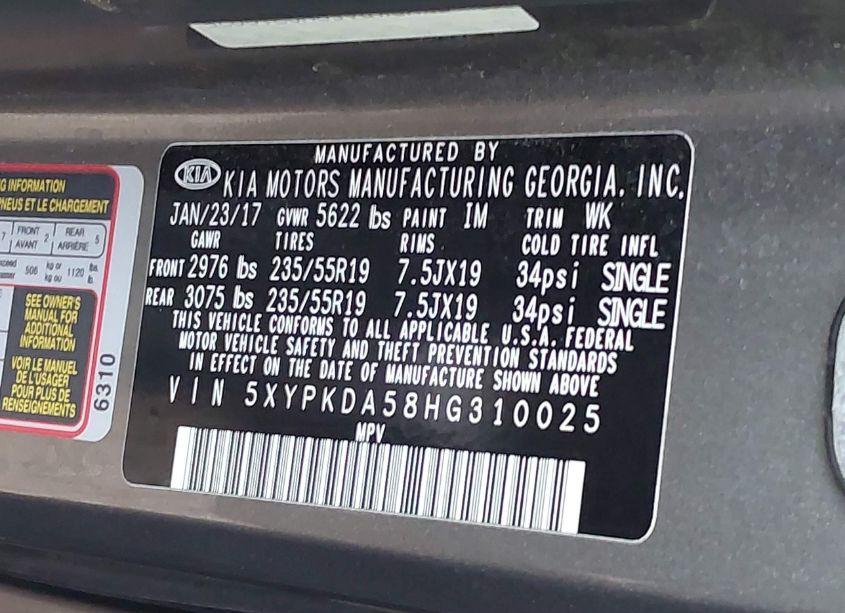 Photo 9 of 2017 Kia Sorento 3.3L SX (VIN 5XYPKDA58HG310025)