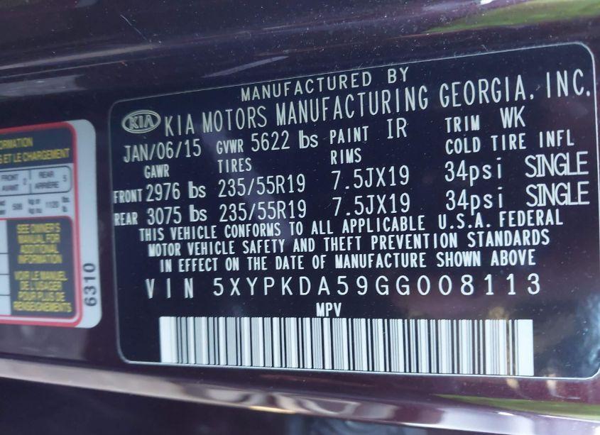 Photo 8 of 2016 Kia Sorento 3.3L SX (VIN 5XYPKDA59GG008113)