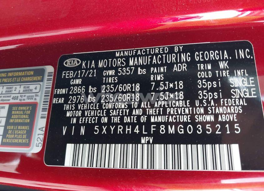 Photo 9 of 2021 Kia Sorento EX (VIN 5XYRH4LF8MG035215)