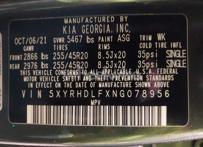 Photo 9 of 2022 Kia Sorento X-LINE EX (VIN 5XYRHDLFXNG078956)