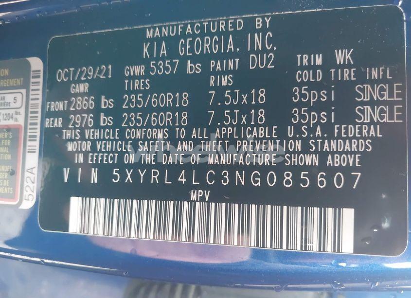 Photo 9 of 2022 Kia Sorento S (VIN 5XYRL4LC3NG085607)