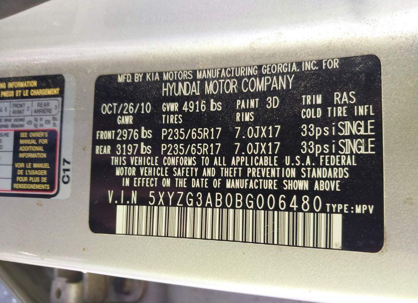 Photo 9 of 2011 Hyundai Santa FE GLS (VIN 5XYZG3AB0BG006480)