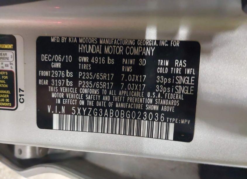 Photo 9 of 2011 Hyundai Santa FE GLS (VIN 5XYZG3AB0BG023036)