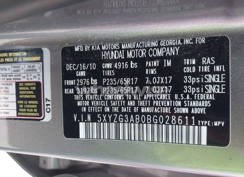 Photo 9 of 2011 Hyundai Santa FE GLS (VIN 5XYZG3AB0BG028611)