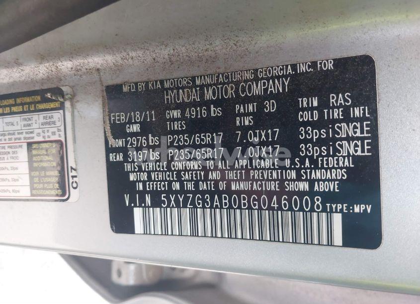 Photo 9 of 2011 Hyundai Santa FE GLS (VIN 5XYZG3AB0BG046008)