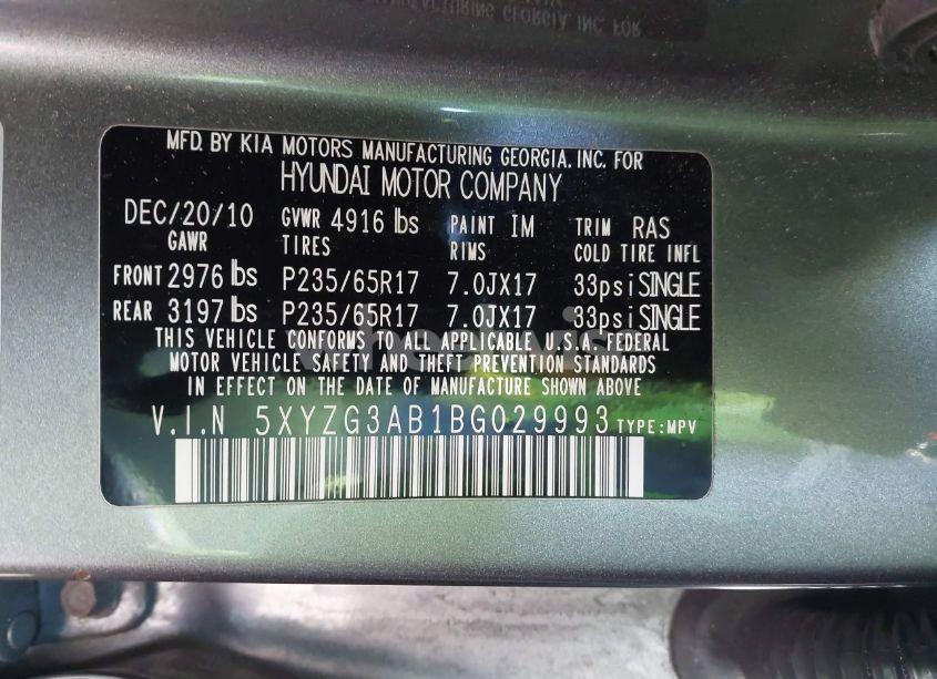 Photo 9 of 2011 Hyundai Santa FE GLS (VIN 5XYZG3AB1BG029993)