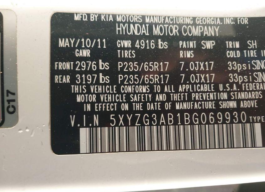 Photo 9 of 2011 Hyundai Santa FE GLS (VIN 5XYZG3AB1BG069930)