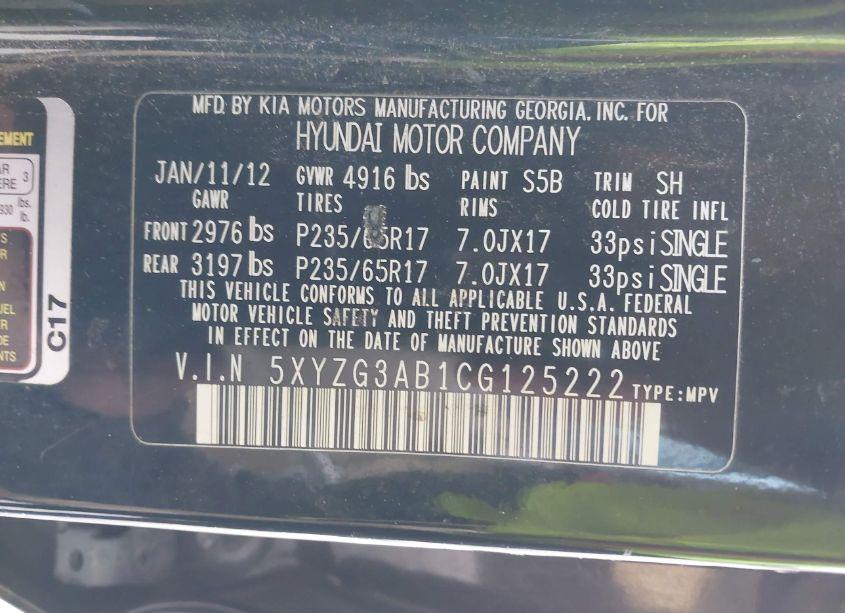 Photo 9 of 2012 Hyundai Santa FE GLS (VIN 5XYZG3AB1CG125222)