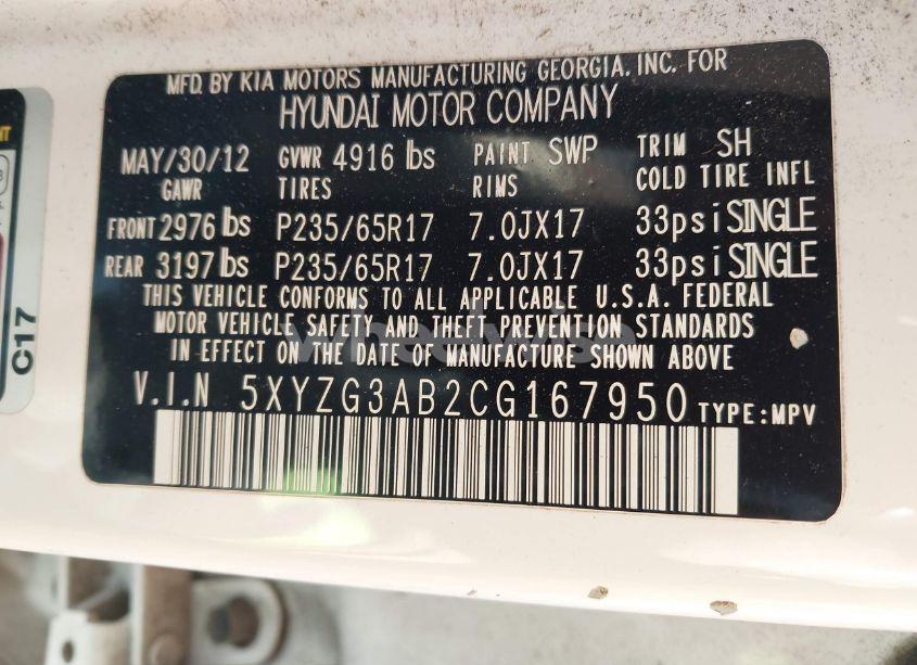 Photo 9 of 2012 Hyundai Santa FE GLS (VIN 5XYZG3AB2CG167950)