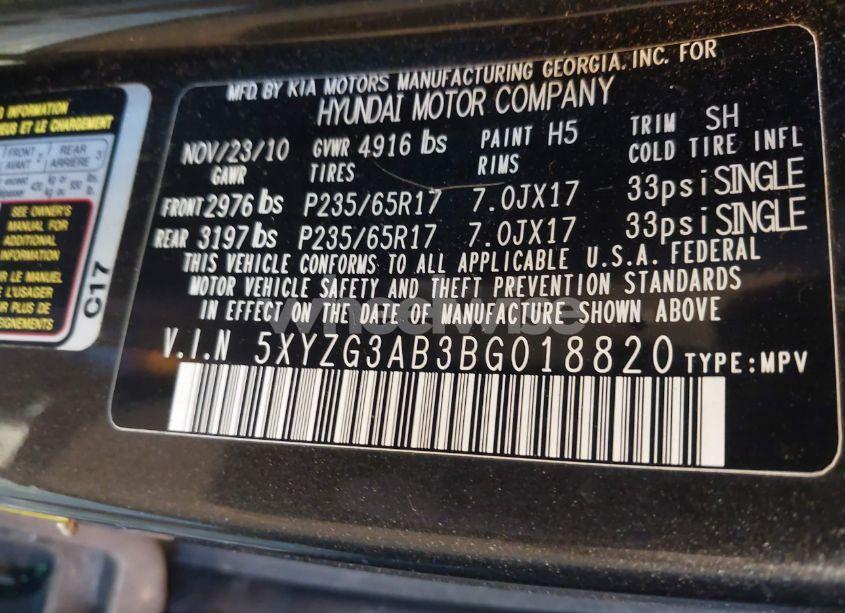 Photo 9 of 2011 Hyundai Santa FE GLS (VIN 5XYZG3AB3BG018820)