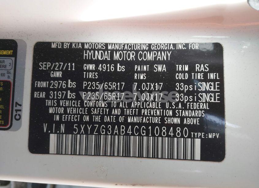 Photo 9 of 2012 Hyundai Santa FE GLS (VIN 5XYZG3AB4CG108480)