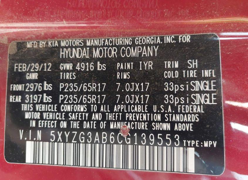 Photo 9 of 2012 Hyundai Santa FE GLS (VIN 5XYZG3AB6CG139553)