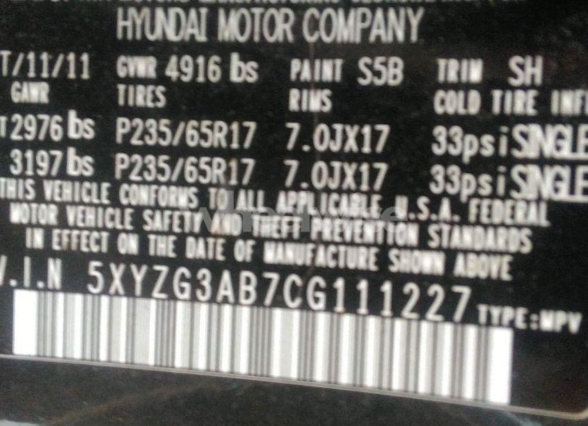 Photo 9 of 2012 Hyundai Santa FE GLS (VIN 5XYZG3AB7CG111227)