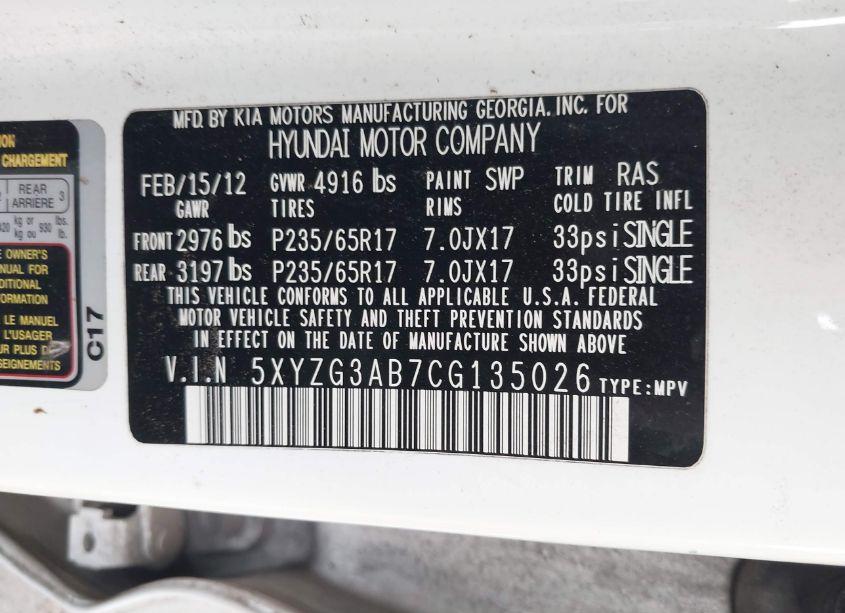 Photo 9 of 2012 Hyundai Santa FE GLS (VIN 5XYZG3AB7CG135026)