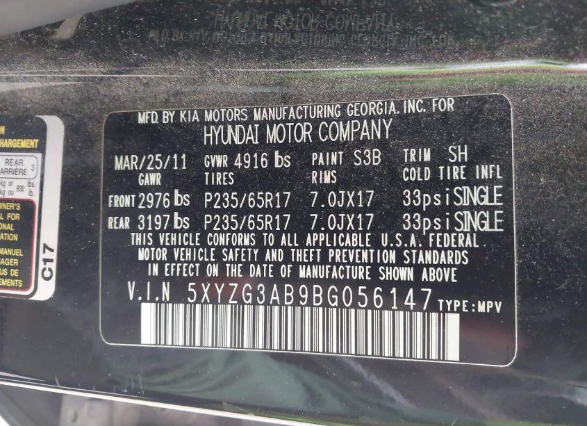 Photo 9 of 2011 Hyundai Santa FE GLS (VIN 5XYZG3AB9BG056147)