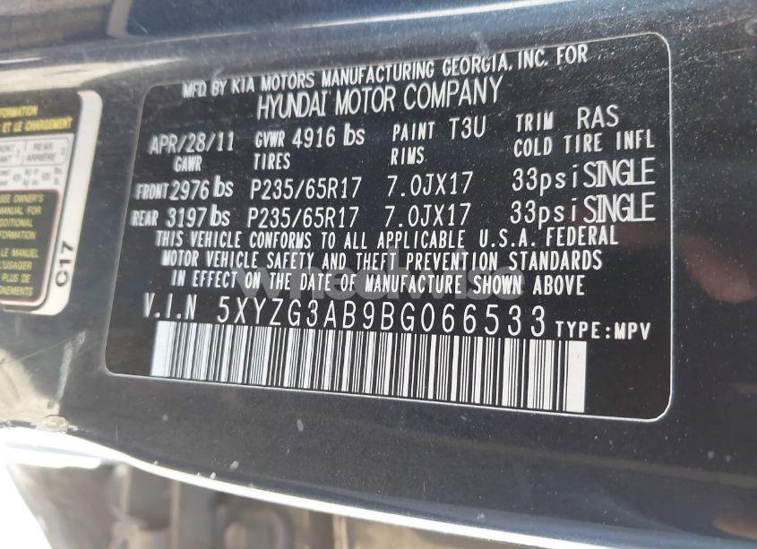 Photo 9 of 2011 Hyundai Santa FE GLS (VIN 5XYZG3AB9BG066533)