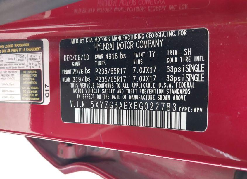 Photo 9 of 2011 Hyundai Santa FE GLS (VIN 5XYZG3ABXBG022783)