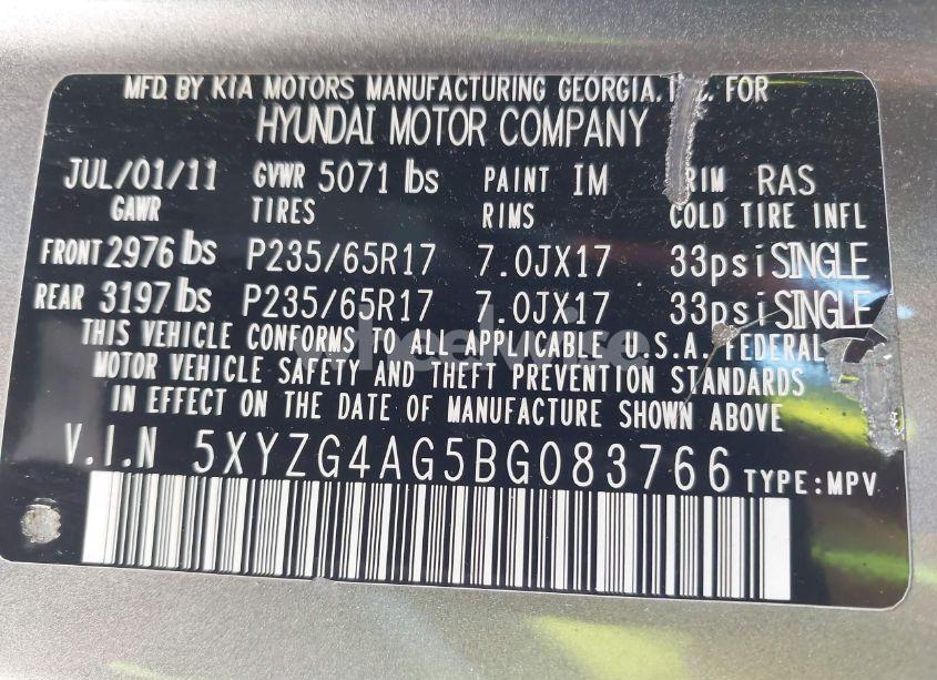 Photo 9 of 2011 Hyundai Santa FE GLS V6 (VIN 5XYZG4AG5BG083766)