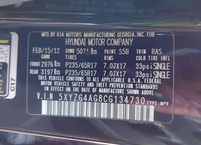 Photo 9 of 2012 Hyundai Santa FE GLS (VIN 5XYZG4AG8CG134730)