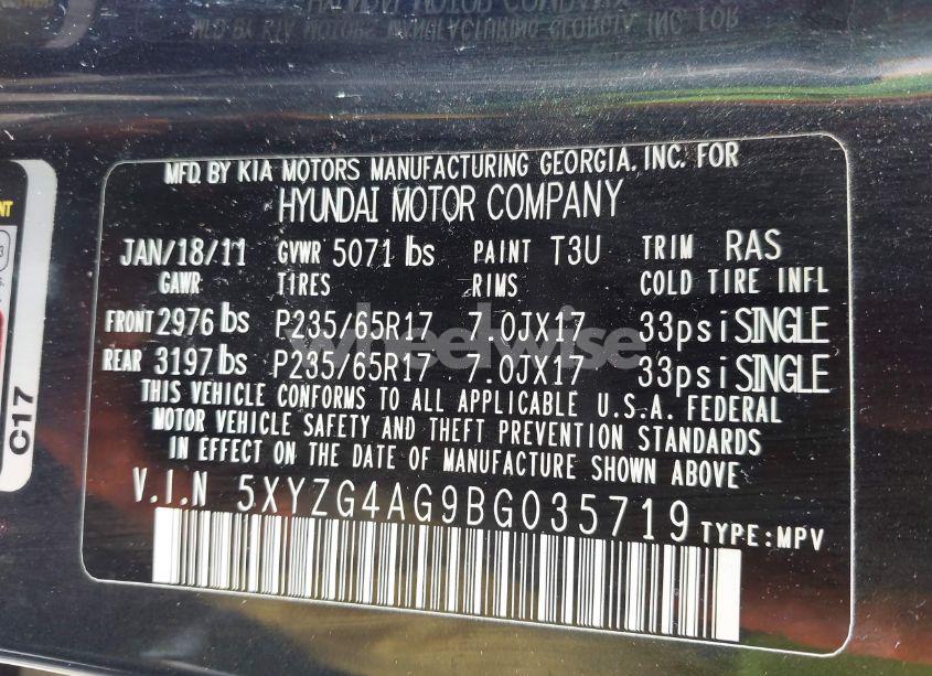 Photo 9 of 2011 Hyundai Santa FE GLS V6 (VIN 5XYZG4AG9BG035719)