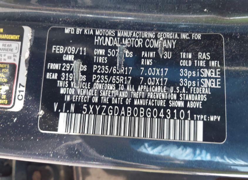 Photo 9 of 2011 Hyundai Santa FE GLS (VIN 5XYZGDAB0BG043101)