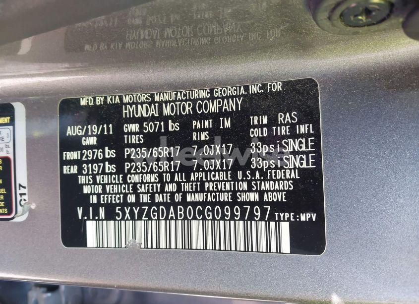 Photo 9 of 2012 Hyundai Santa FE GLS (VIN 5XYZGDAB0CG099797)