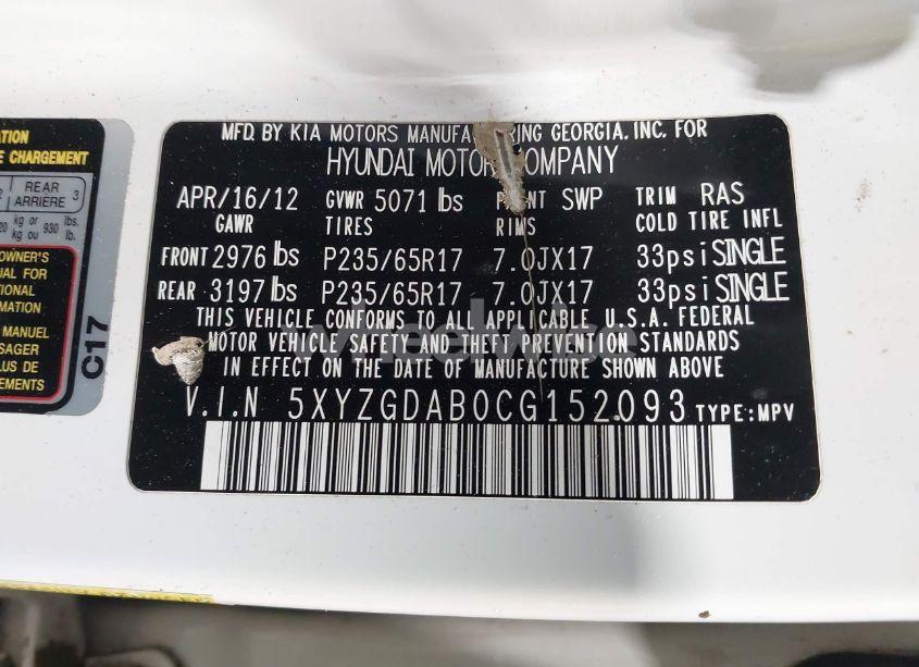 Photo 9 of 2012 Hyundai Santa FE GLS (VIN 5XYZGDAB0CG152093)